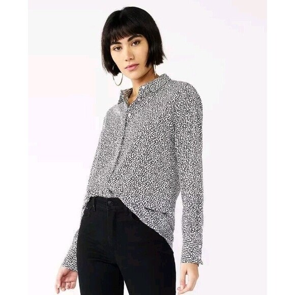 Nine‎ West Heart Print Button Up Shirt Black and White Womens Size 0X - Picture 1 of 8